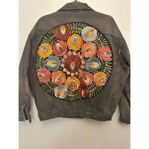 Free People Embroidered Denim Jacket Dark Wash Boho Festival Size XS